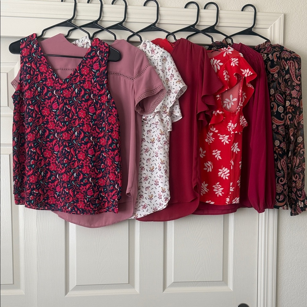 LOFT and Ann Taylor Reds and Dark Blue Floral Blouses